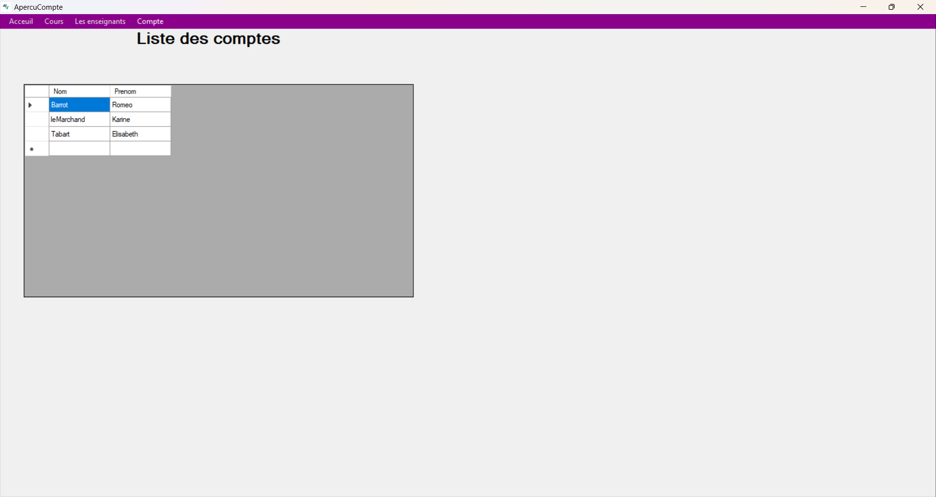 Interface de l'application
